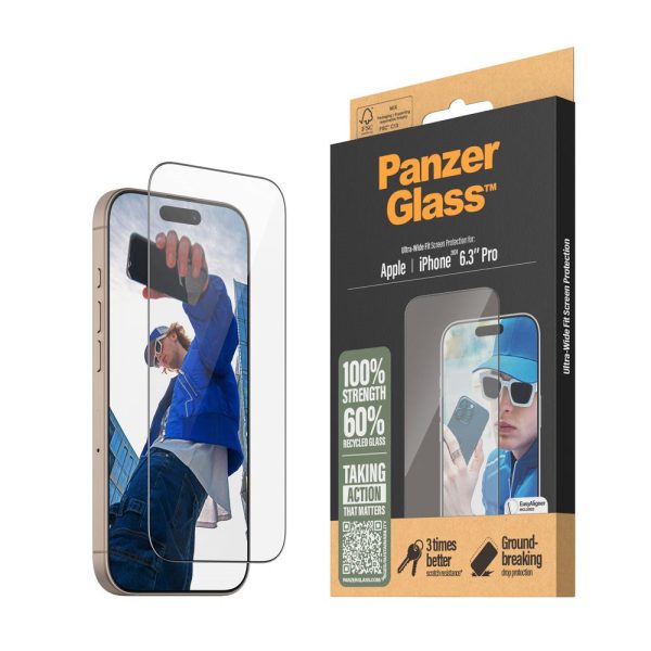 iPhone 16 Pro PanzerGlass Ultra Wide Fit Skærmbeskyttelse m. EasyAligner - Diamond Strength - Gennemsigtig   Sort Kant Online now