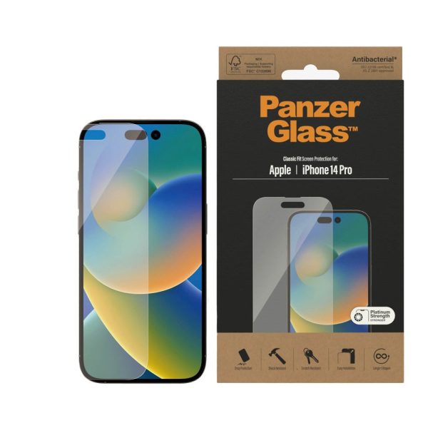 iPhone 14 Pro PanzerGlass AntiBacterial Classic Fit Skærmbeskyttelse - Platinum Strength - Gennemsigtig Online Sale